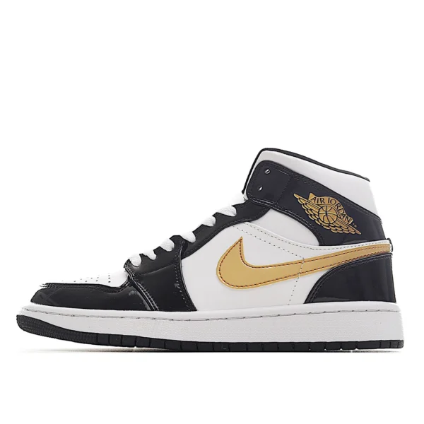 Jordan 1 Mid Patent Black White Gold